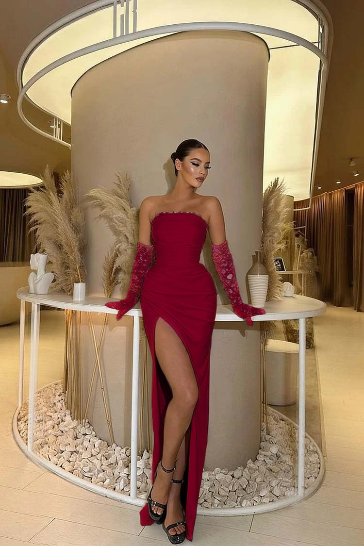 Black Sleeveless Strapless Square Mermaid Lace Prom Dress With Gloves