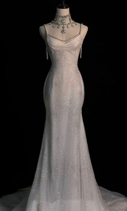 Elegant White Mermaid Spaghetti Straps Sequin Tulle Open Back Long Party Dress Date Dress SH3688