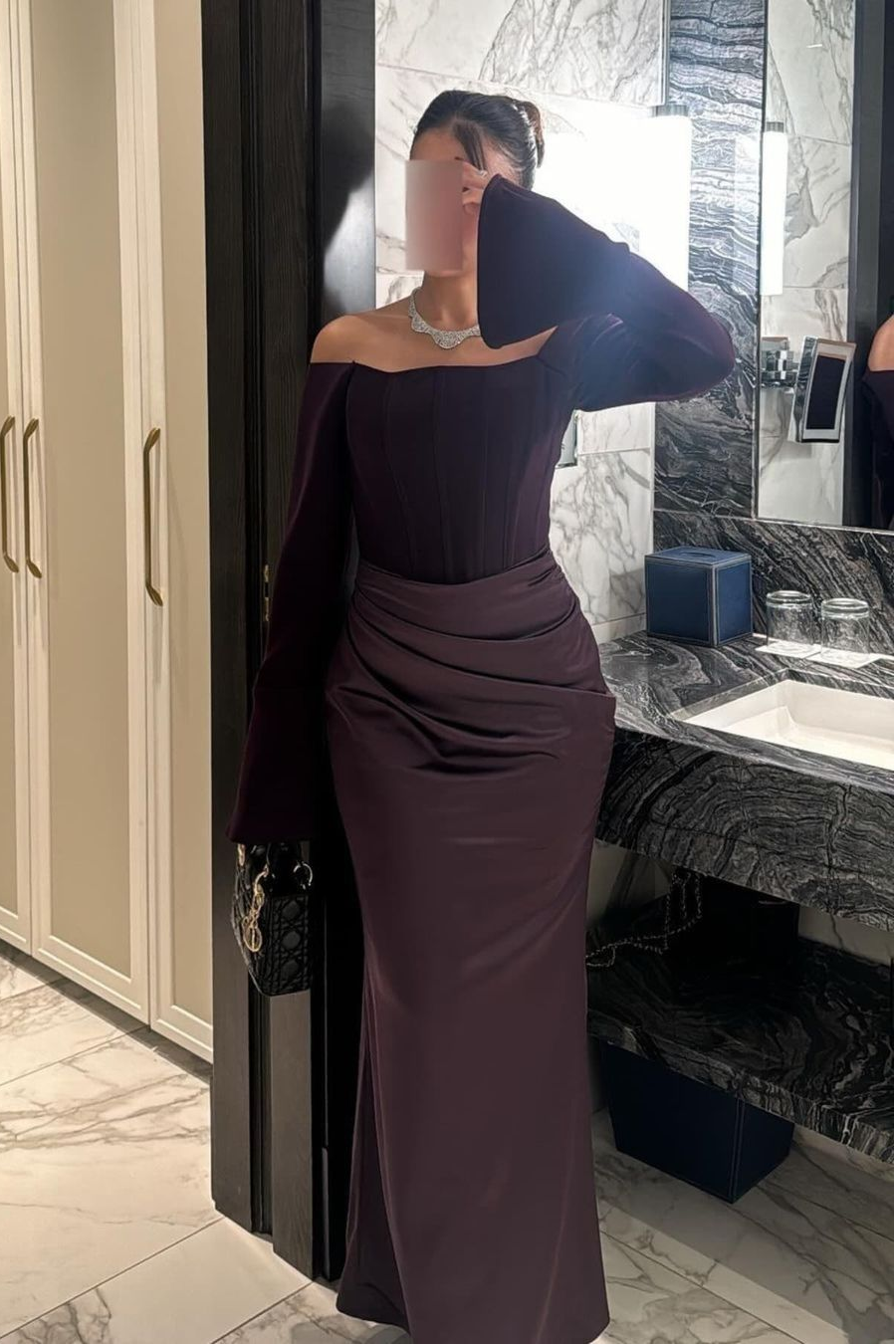 Chic Satin Regency Off the Shoulder Long Sleeves Mermaid Prom Dress with Pleated