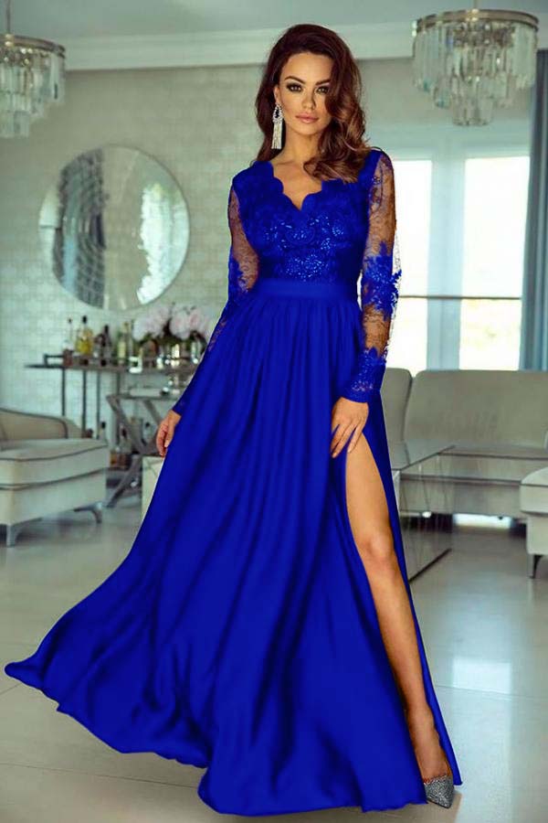 V-Neck Long Sleeve Lace Prom Dress With Slit
