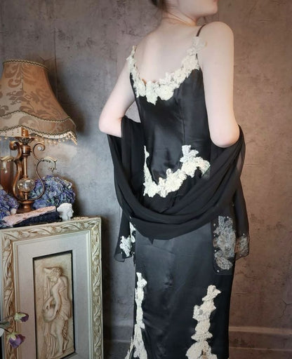 Vintage Mermaid Spaghetti Strap Appliques Black Chiffon Satin Party Dress SH2714
