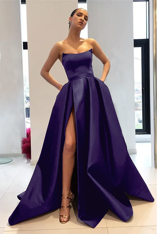 Strapless Burgundy Mermaid Prom Dress With Slit