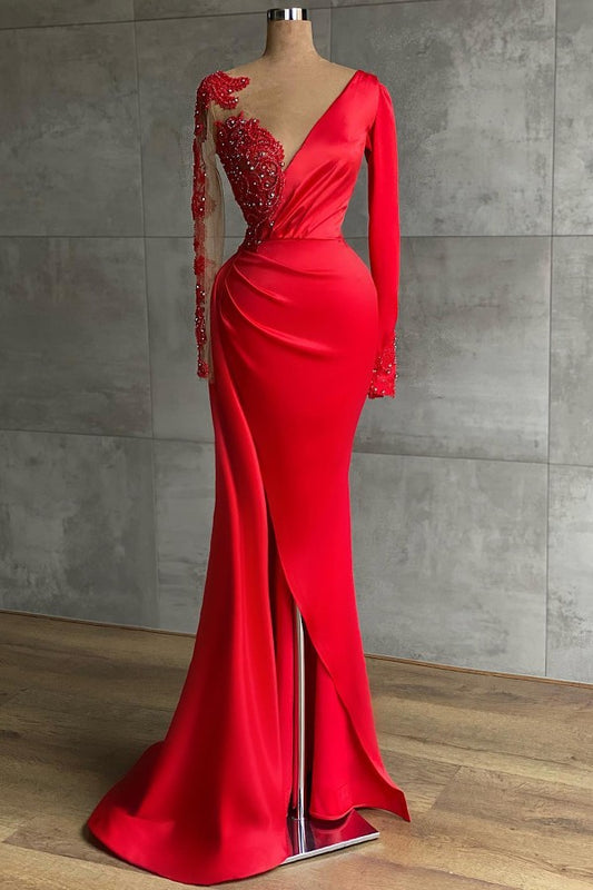Long Sleeves Red Prom Dress Mermaid