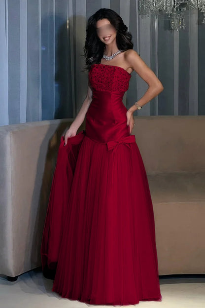 Charming Candy Pink Satin Tulle Sleeveless Strapless Long Evening Dress with Beadings