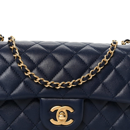 Lambskin Quilted Mini Pearl Crush Rectangular Flap Navy Blue