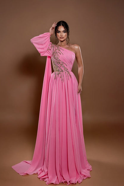 Pink Draped One-Shoulder Dress with Sparkling Embellishments