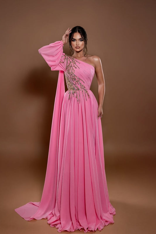 Pink Draped One-Shoulder Dress with Sparkling Embellishments