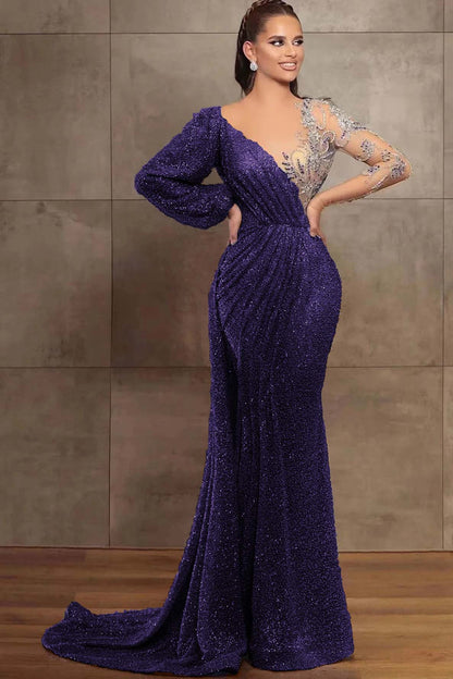 Amazing V-Neck Long Sleeves Mermaid Evening Dress With Sequins Beads