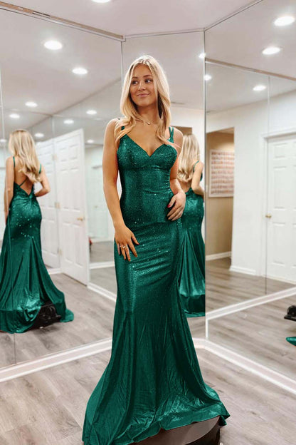 Shinning Orange Spaghtti Strap Sleeveless V Neck Mermaid Prom Dress with Beadings