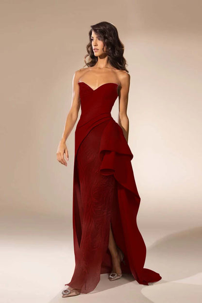 Sleeveless Strapless V Neck Embroidery Long Prom Dress With Slit