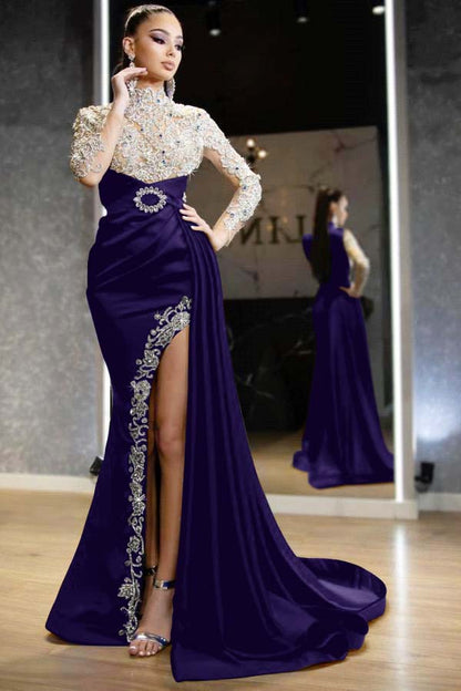 Royal Blue Long Sleeves Split Beadings Mermaid Prom Dress With Ruffles