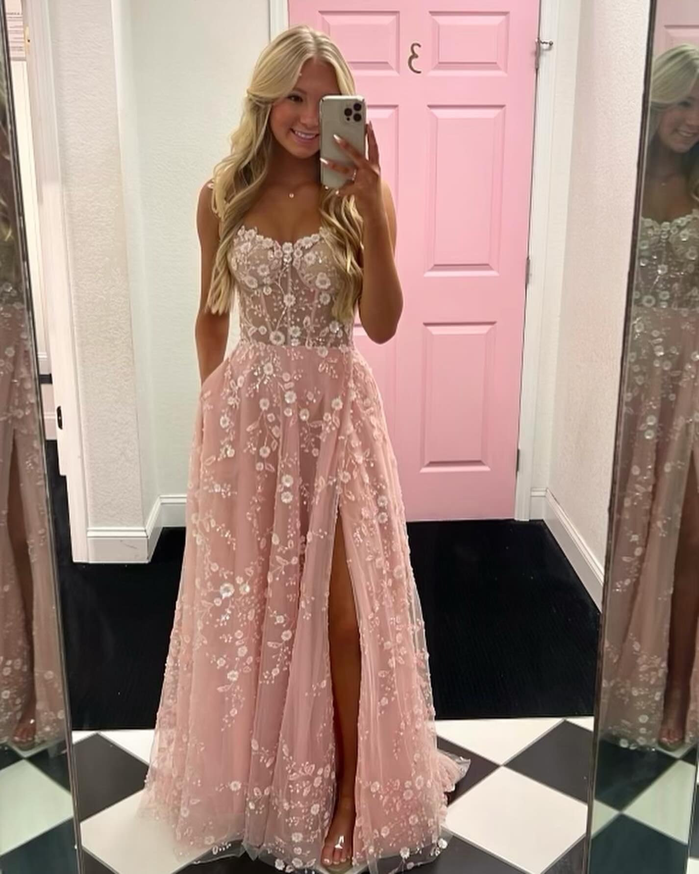 Glamorous Pink Spaghetti Strap Embroidered Sleeveless Prom Dress