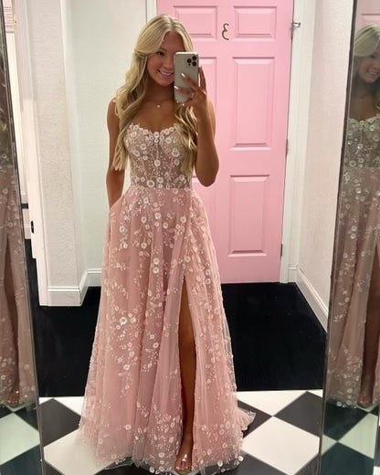 Glamorous Pink Spaghetti Strap Embroidered Sleeveless Prom Dress