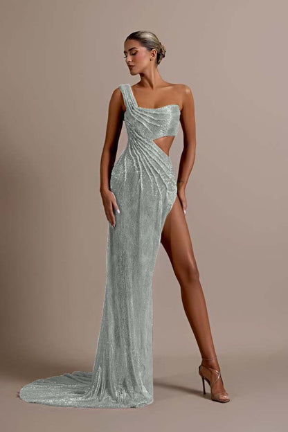 Mint Green One Shoulder Long Prom Dress Sleeveless with Split
