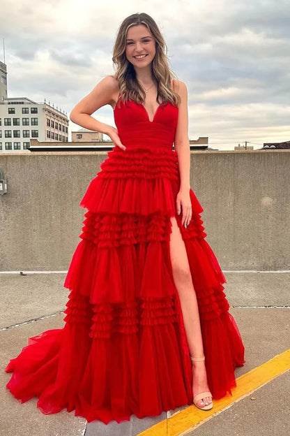 V-Neck Spaghetti Straps Empire With Side Slit Tulle A-Line Prom Dress