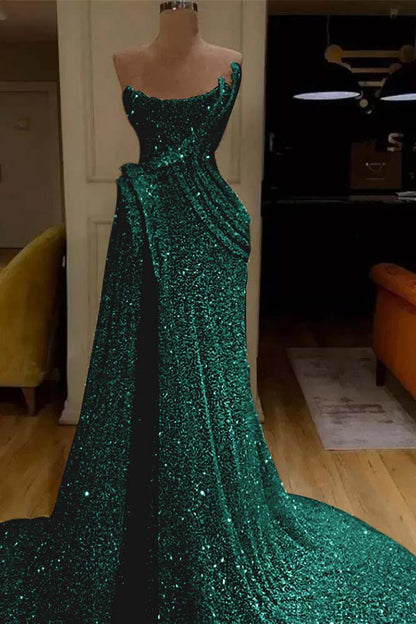 Mermaid Strapless Long Prom Dress Slit With Sequins