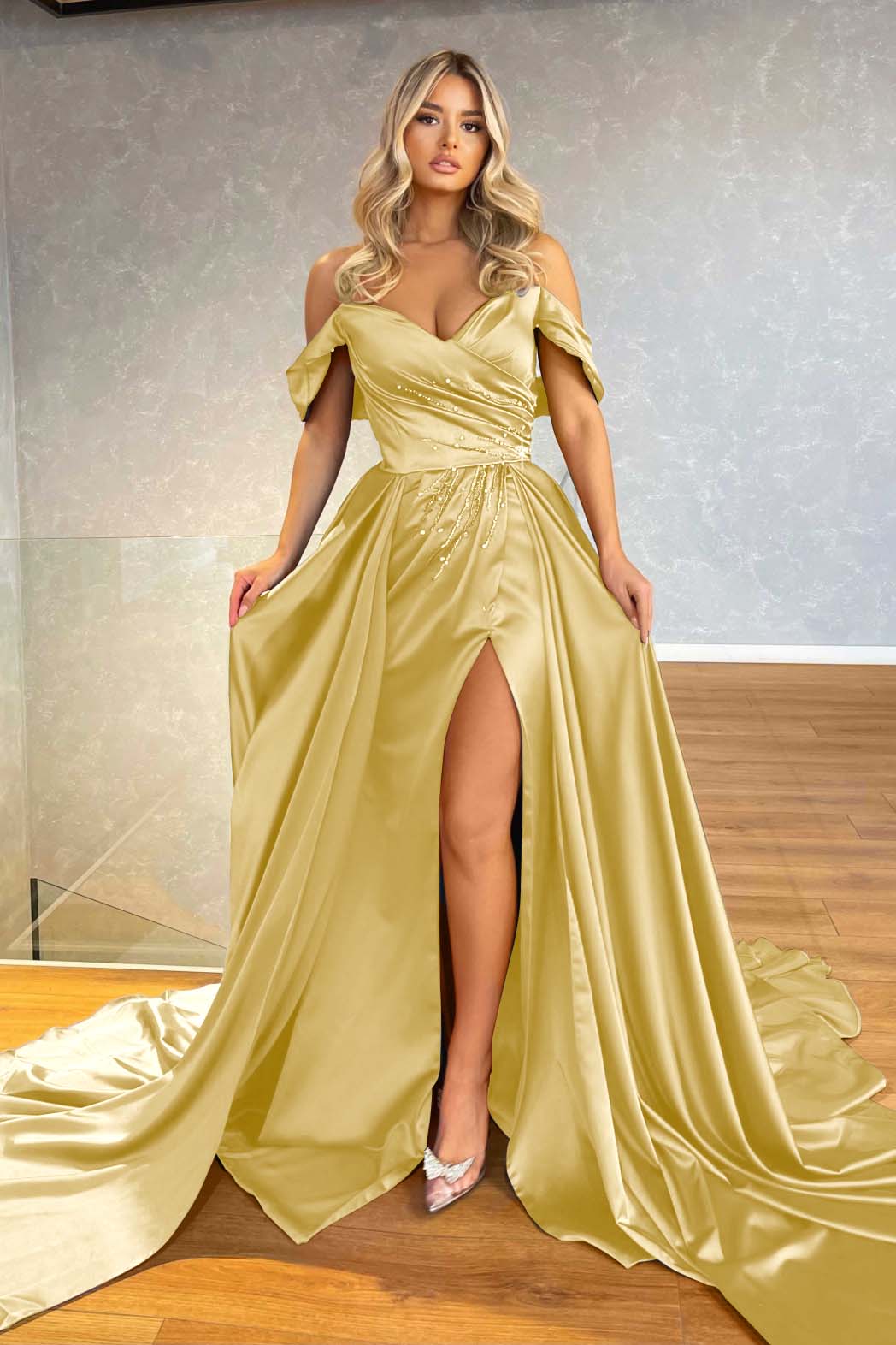 Blue Off-the-Shoulder Split Prom Dress Overskirt With Beadings