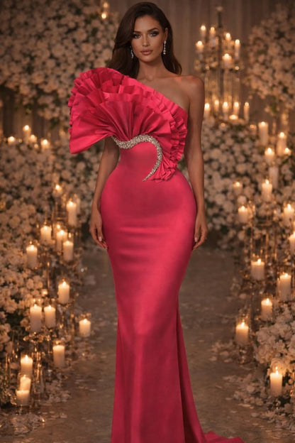 Sleeveless Strapless Pleated Satin Evening Dress With Beads