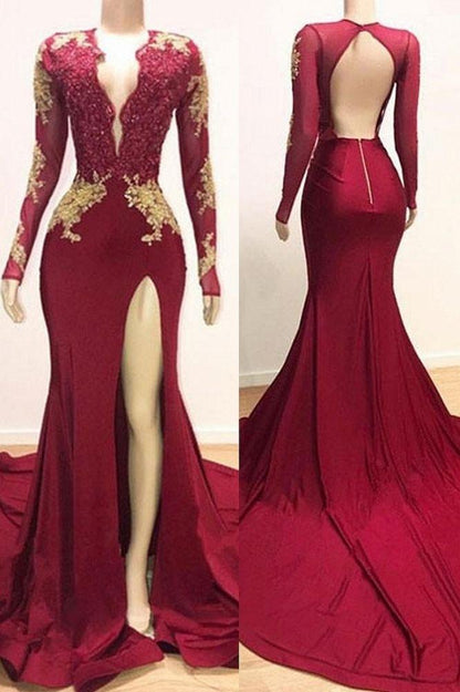Long Sleeves Mermaid Elegant Evening Dresses With Lace Appliques