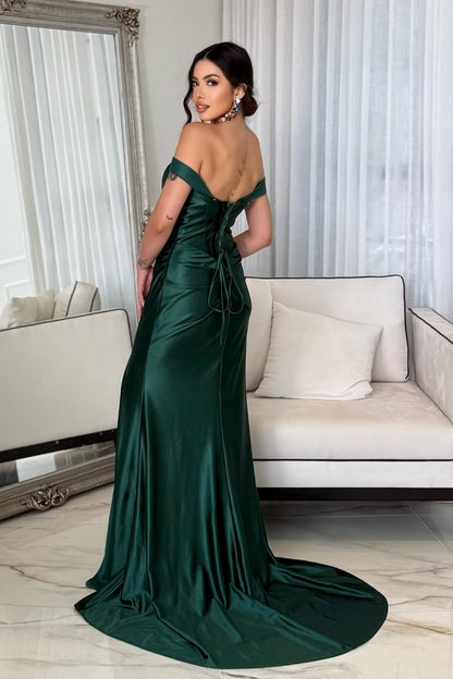 Green Off-the-Shoulder Long Prom Dress with Slit