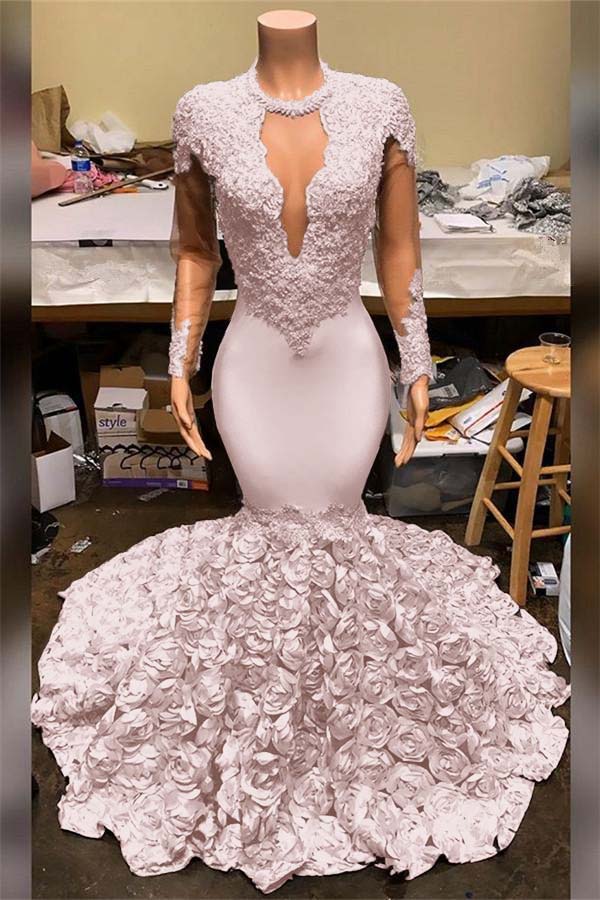 Elegant Mermaid V-Neck Prom Dress Appliques Long Sleeves With Flowers Bottom