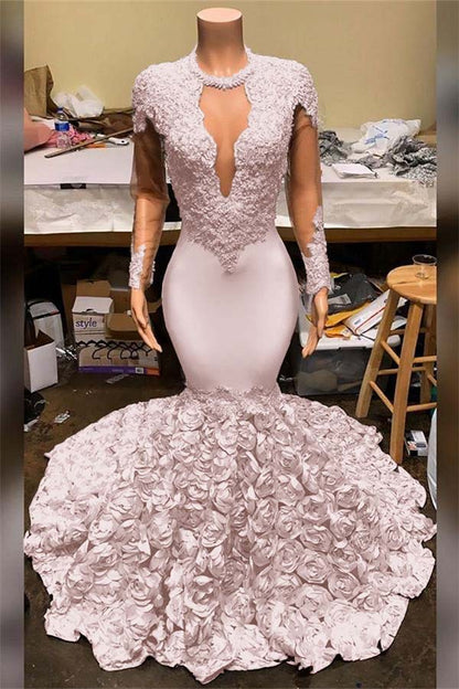 Elegant Mermaid V-Neck Prom Dress Appliques Long Sleeves With Flowers Bottom