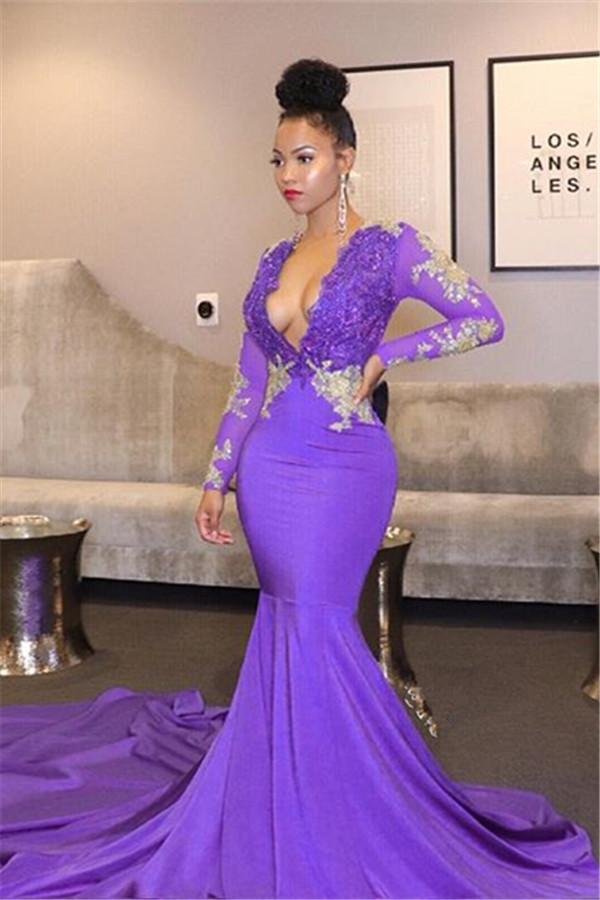 Mermaid Long Sleeves V-Neck Prom Dress With Lace Appliques