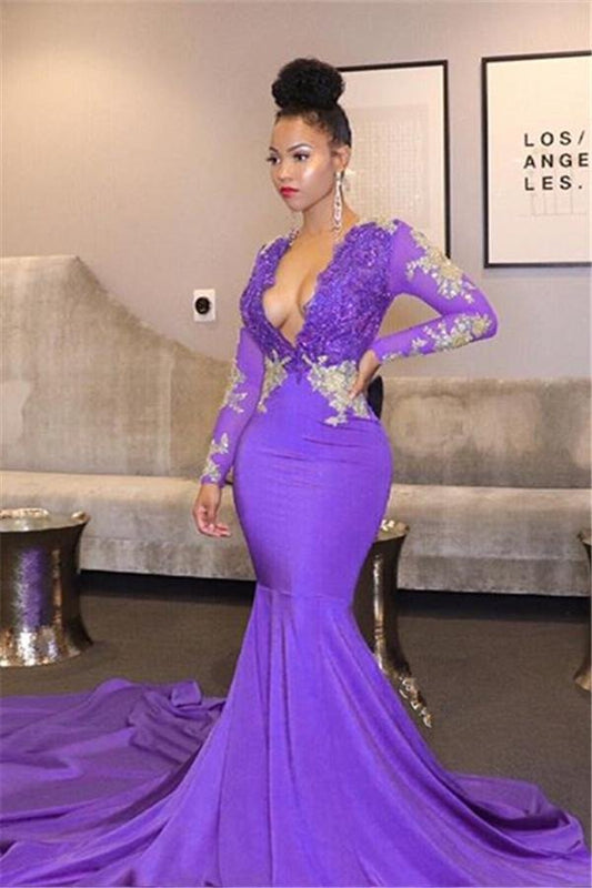 Mermaid Long Sleeves V-Neck Prom Dress With Lace Appliques