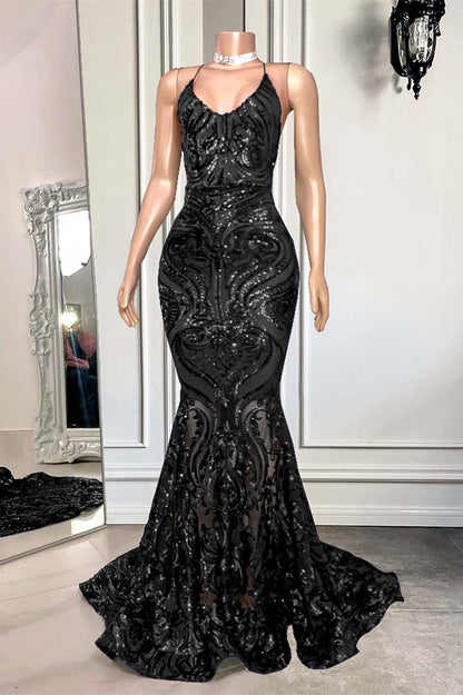Mermaid Spaghetti-Straps Royal Blue Long Prom Dress With Sequins