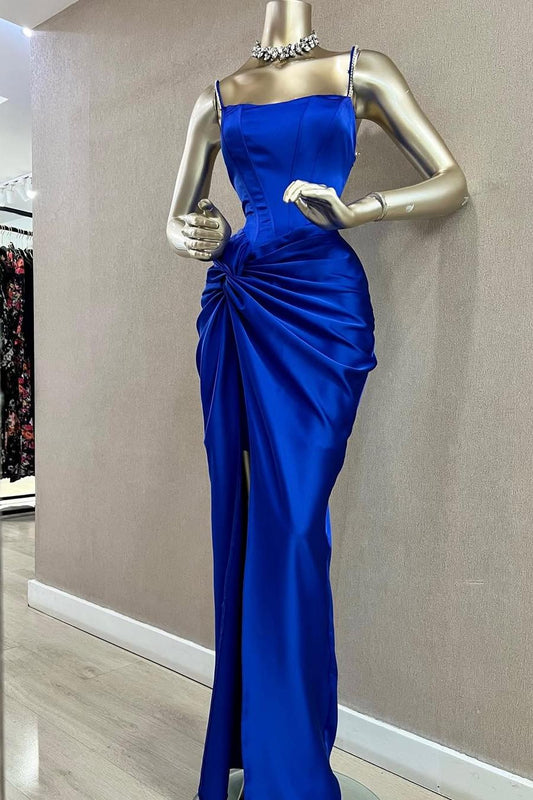 Chic Royal Blue Satin Spaghetti Strap Pleated Sleeveless Prom Dress with Split