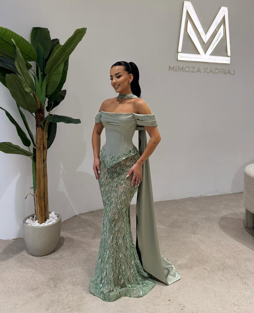 Off Shoulder Beads Mermaid Square Prom Dress With Scarf