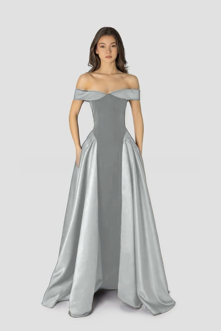 Dreamy Satin Sleeveless Off the Shoulder A-Line Long Evening Dress
