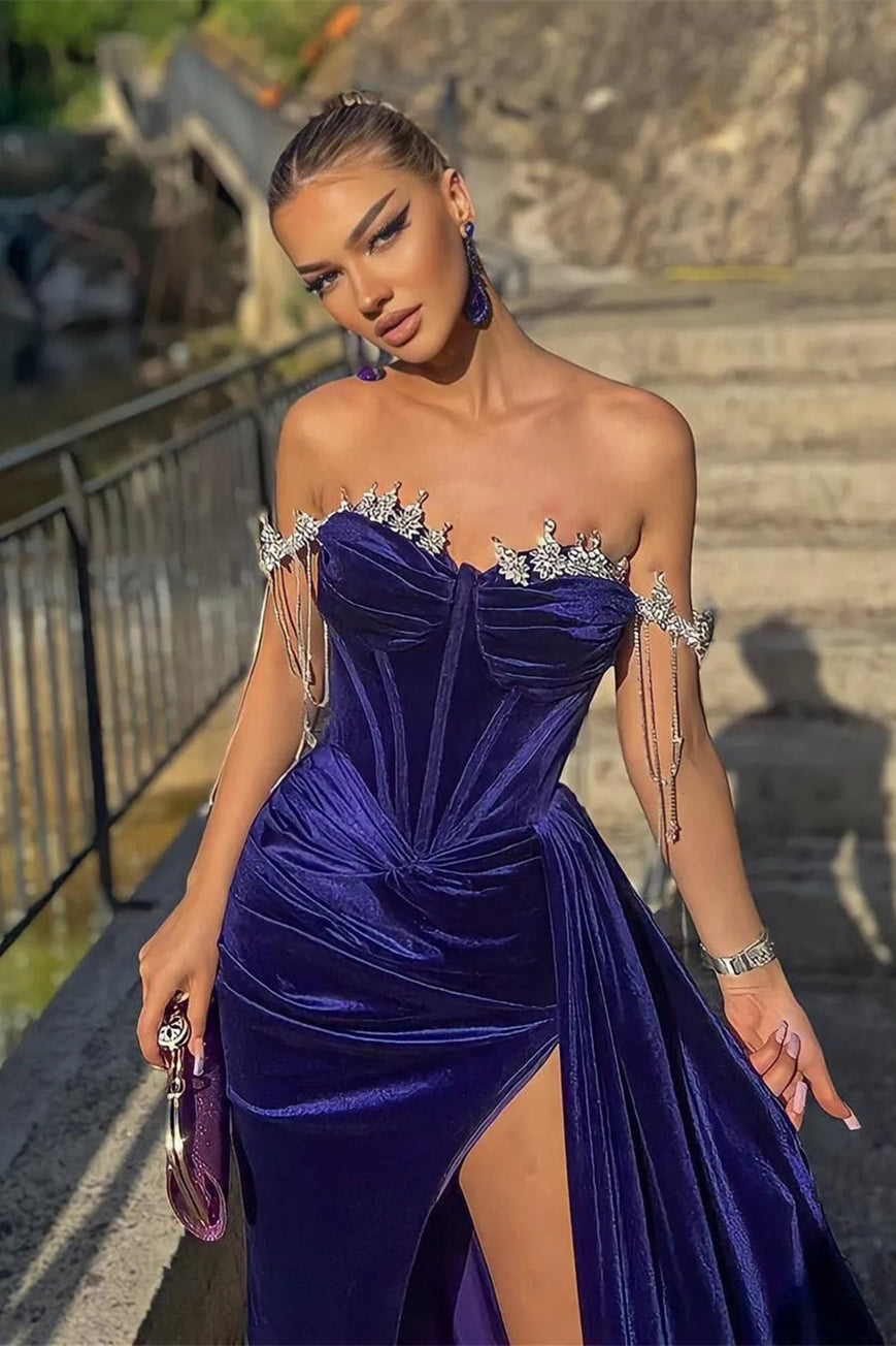 Velvet Off-the-Shoulder Split Beads Mermaid Prom Dress With Ruffles