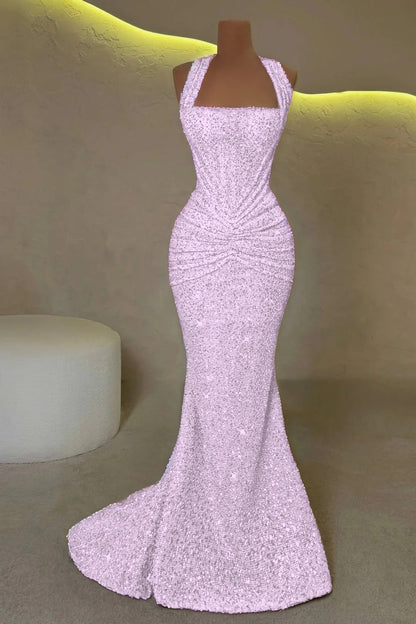 Gold Sleeveless Halter Straps Mermaid Prom Dress With Sequins