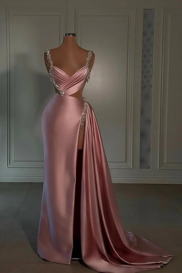 Pink Sleeveless Spaghetti Straps V-Neck Beads Mermaid Prom Dress