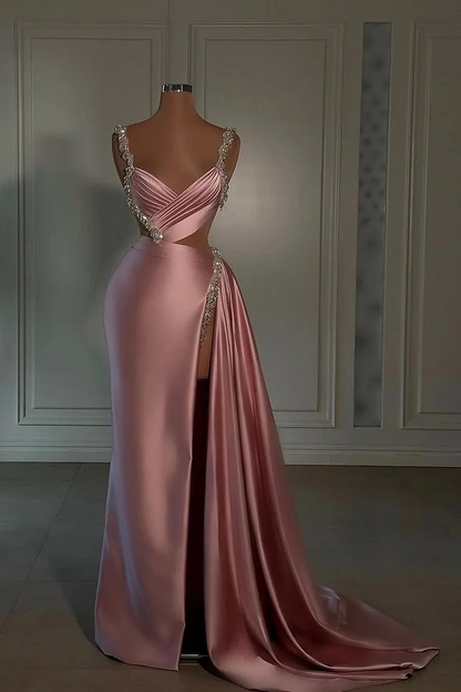 Pink Sleeveless Spaghetti Straps V-Neck Beads Mermaid Prom Dress