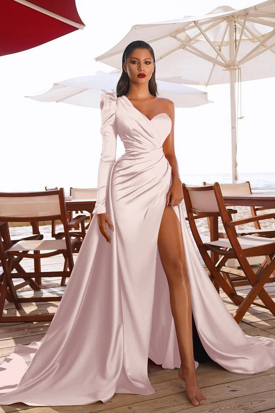 Glamorous One Shoulder Long Sleeves Prom Dres With Slit