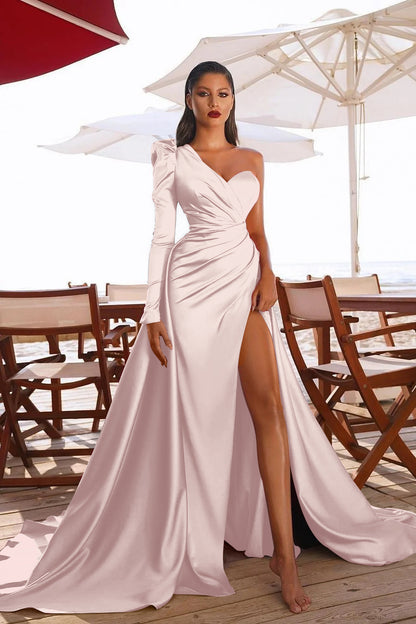 Glamorous One Shoulder Long Sleeves Prom Dres With Slit