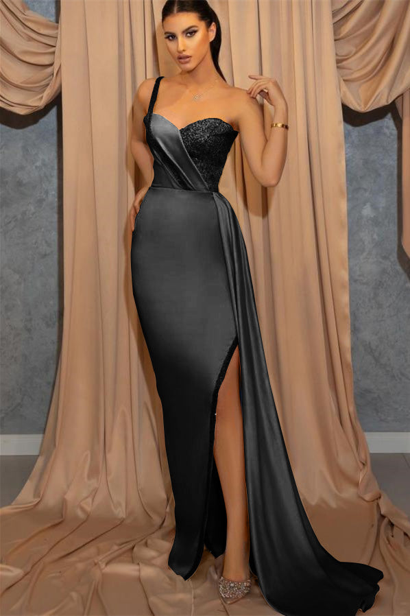 One Shoulder Spaghetti-Strap Split Sky Blue Sweetheart Mermaid Evening Dress With Sequins