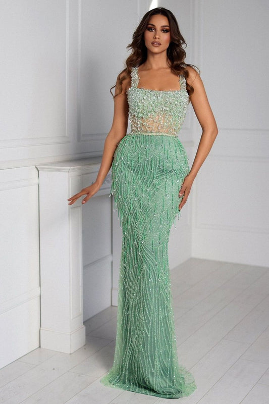 Straps Sage Mermaid A Line Prom Dress Unique Beads