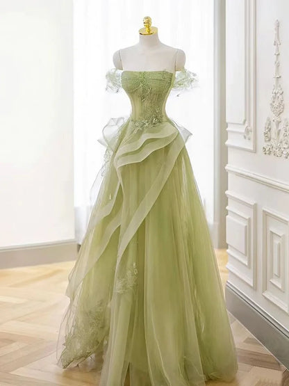 Charming Lace Strapless Off the Shoulder A-Line Long Tulle Prom Dress with Ruffle