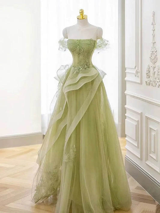 Charming Lace Strapless Off the Shoulder A-Line Long Tulle Prom Dress with Ruffle