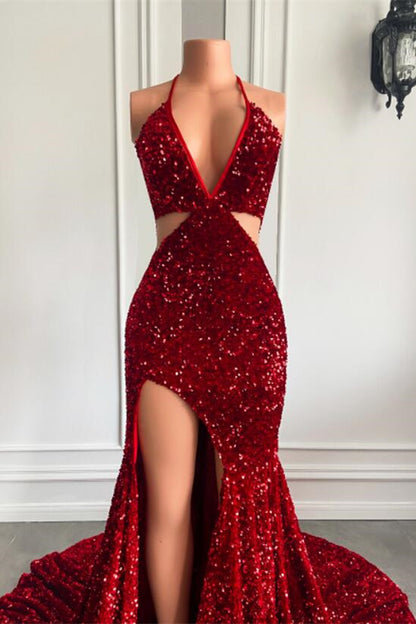 Halter Wine Red Sequins Mermaid Prom Dress With Slit