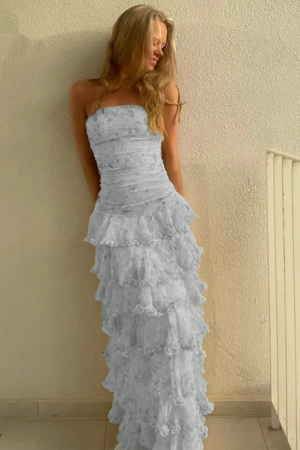 Glamorous Daffodil Sleeveless Strapless Long Evening Dress With Ruffles