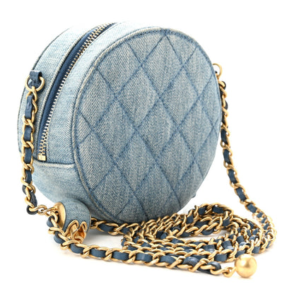 Denim Quilted Round Pearl Crush Clutch With Chain Blue