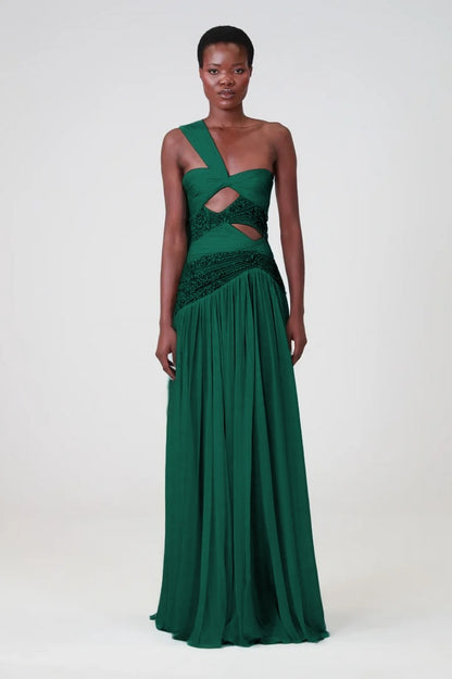 Charming Blue Sleeveless One Shoulder Long Evening Dress with Sequins