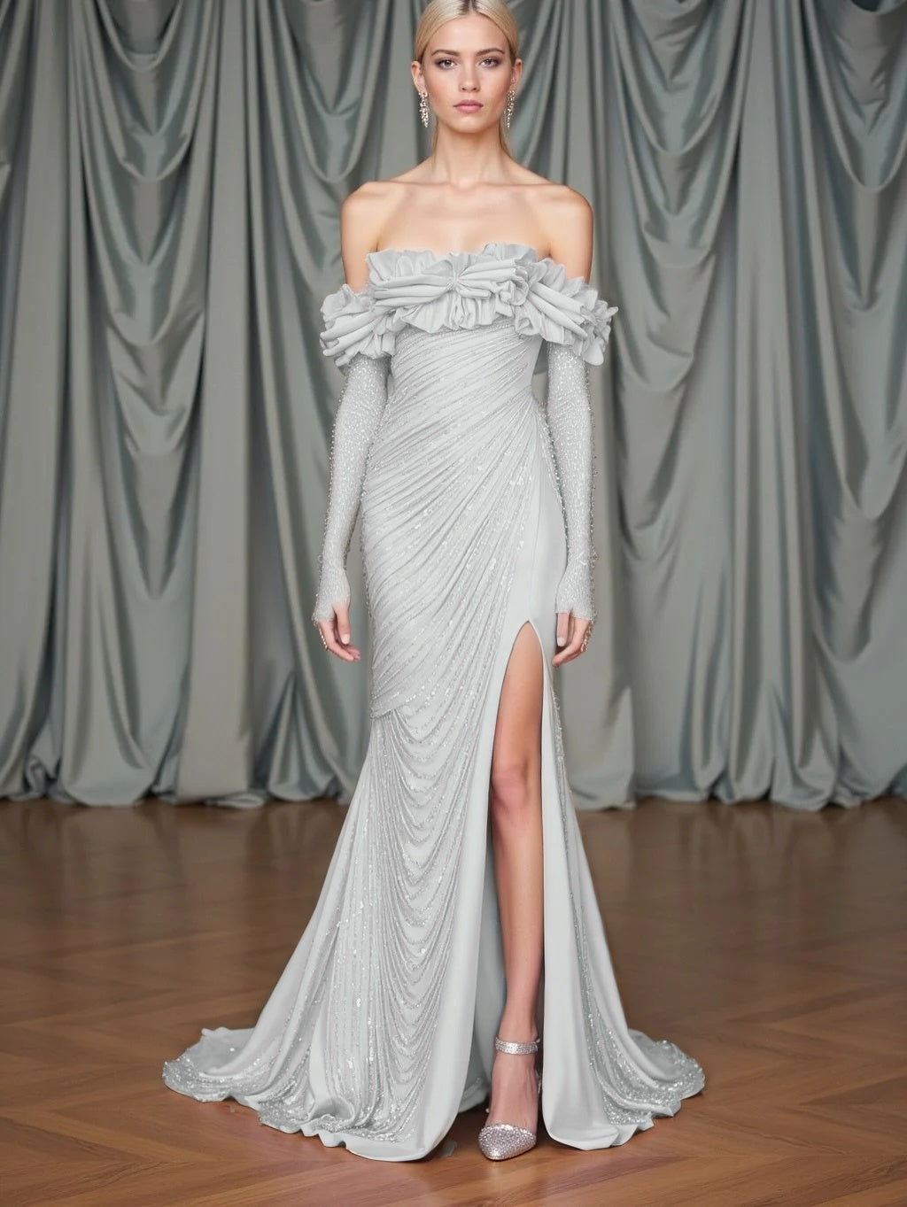Long Sleeves Strapless Mermaid Slit Prom Dress With Sequins