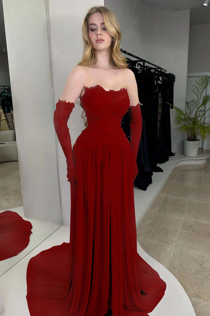 Lilac Strapless Fitted Evening Dress in Chiffon Pleated With Lace