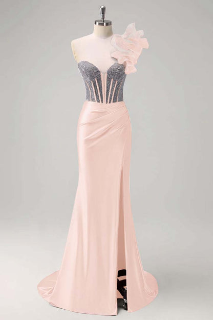 Strapless Handmade Flower Backless Mermaid Slit Prom Dress With Beading