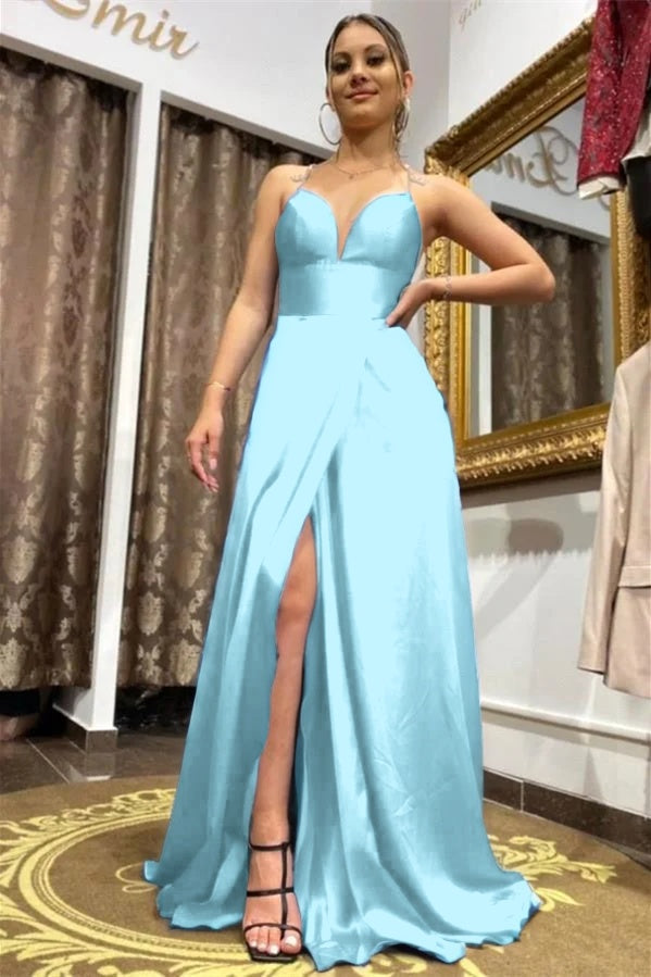 Long Royal Blue Slit Prom Dress Spaghetti-Straps